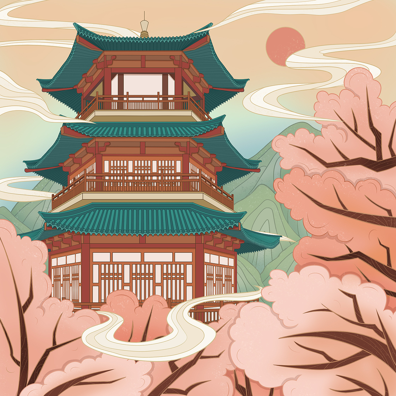 国潮建筑插画（图ZMjQyMTE2NTgw） - 创作习作 - 站酷设计师歪蹄原创素材 - 站酷ZCOOL
