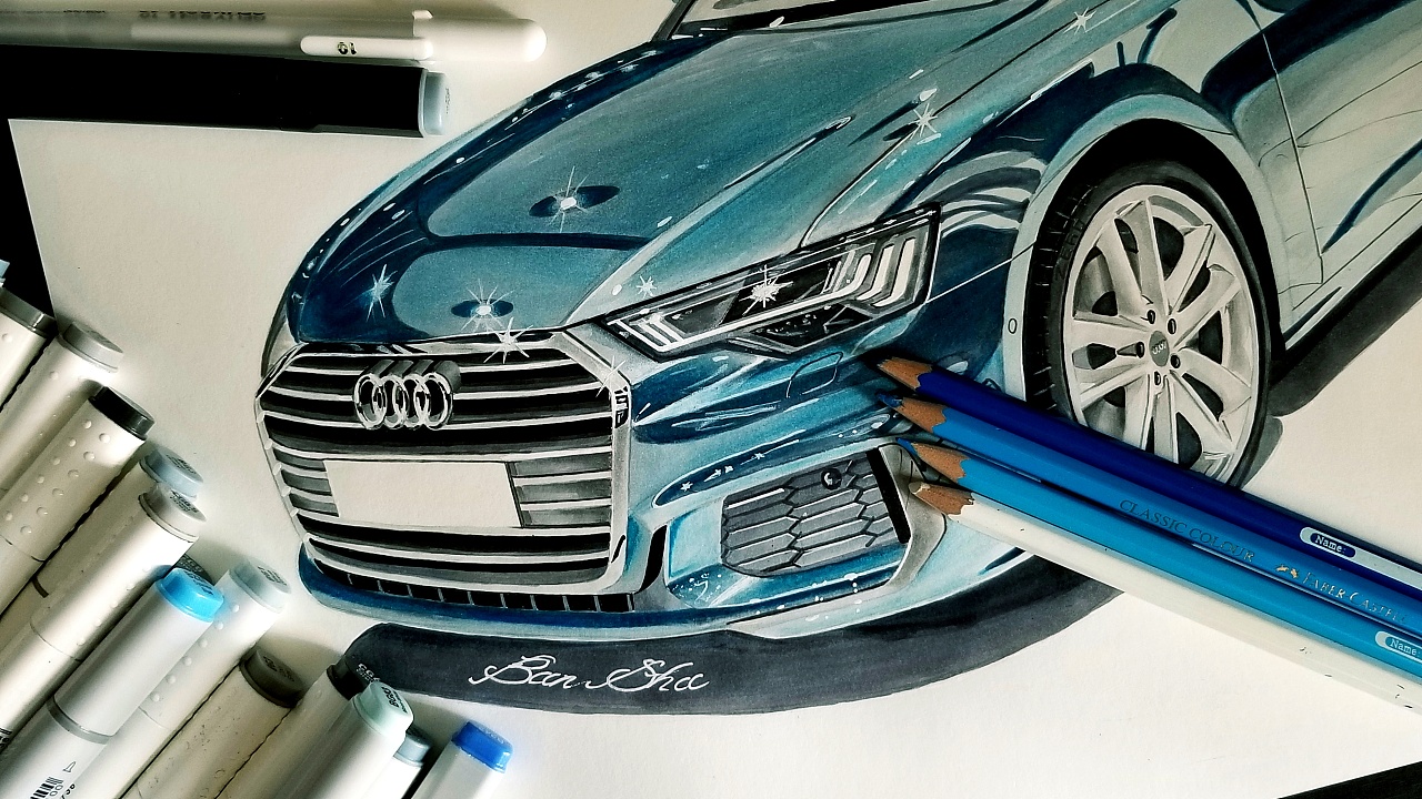 马克笔彩铅手绘 汽车手绘 奥迪a6 50 tdi|插画|艺术插画|班沙 - 原创