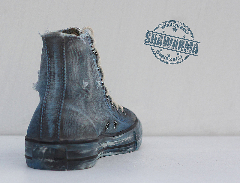 经典公路风格牛仔色打磨手工水洗做旧帆布鞋