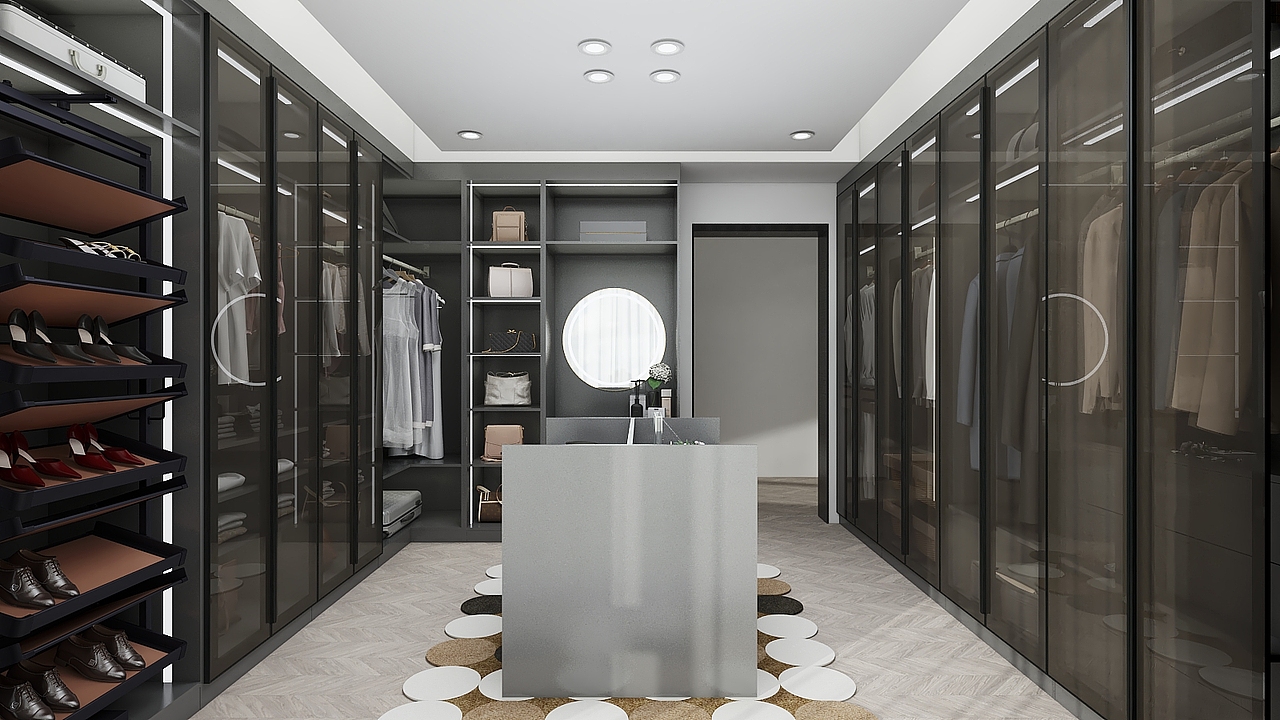 衣帽间:嵌入式灯带,极简铝框玻璃门,旋转鞋架,大岛台,梳妆台,多少衣服