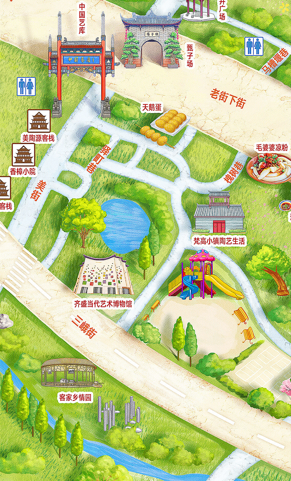 洛带古镇景区手绘地图