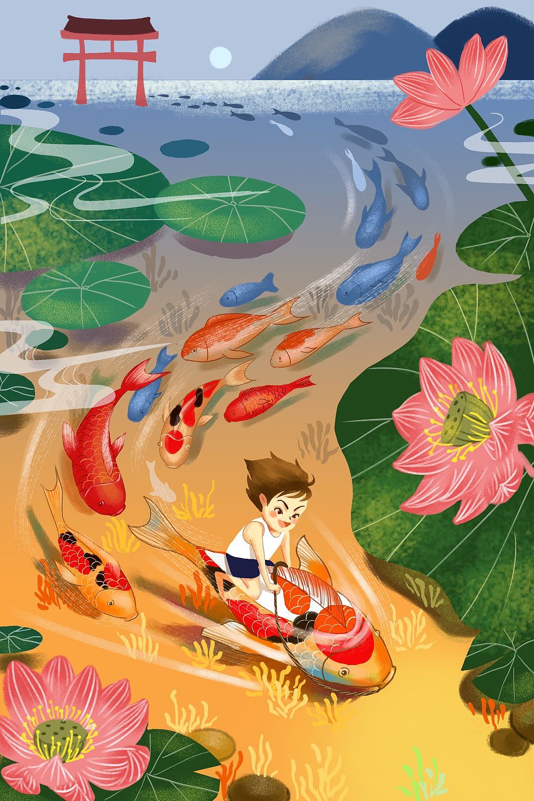 骑着锦鲤前进|插画|商业插画|樱楣_原创作品-站酷zcool
