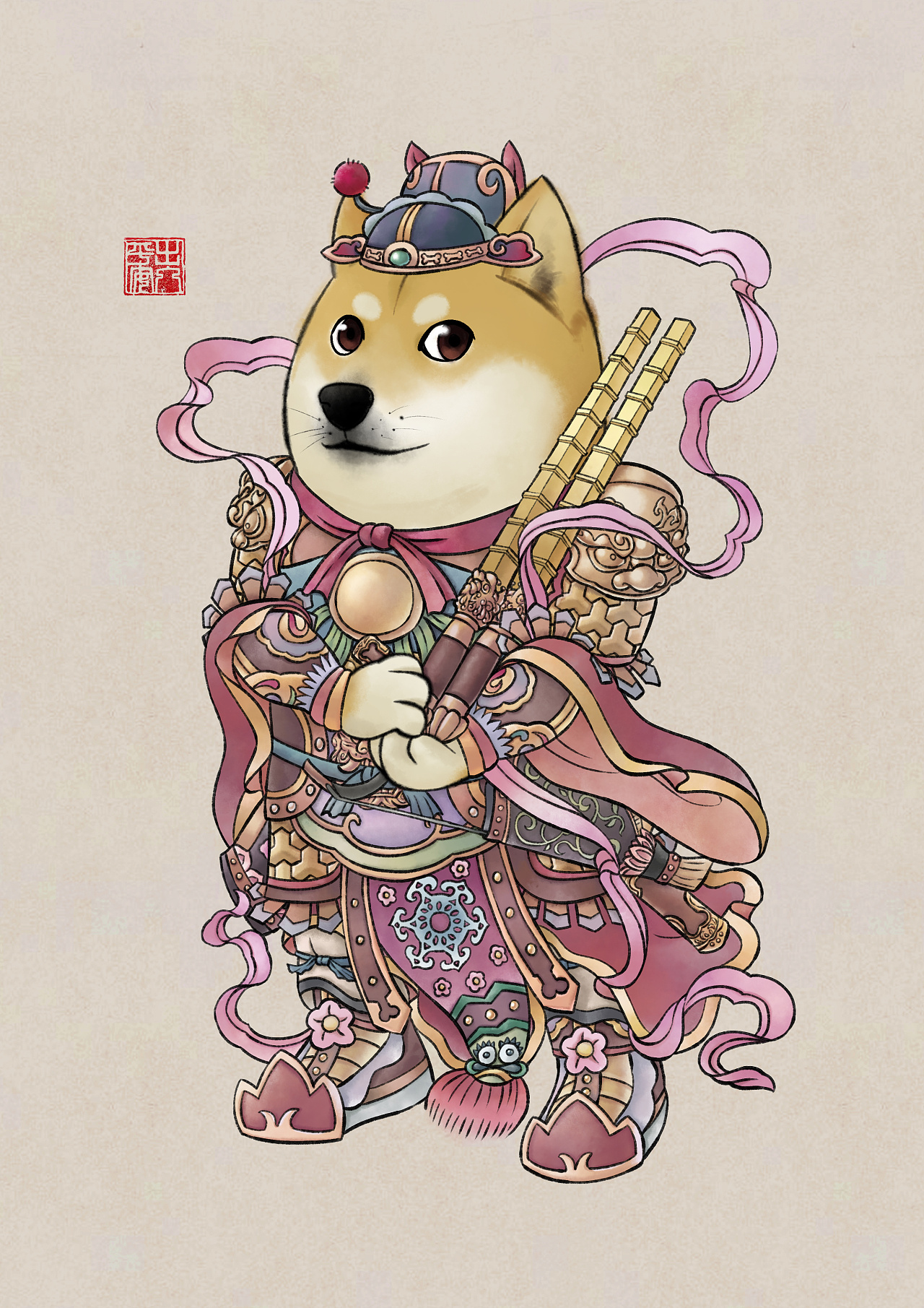 风俗年画之狗狗门神黑的是阿拉斯加黄的是柴犬