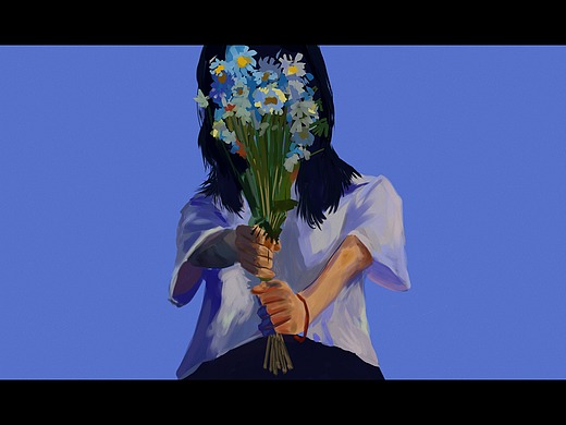 拿着花挡住脸女孩