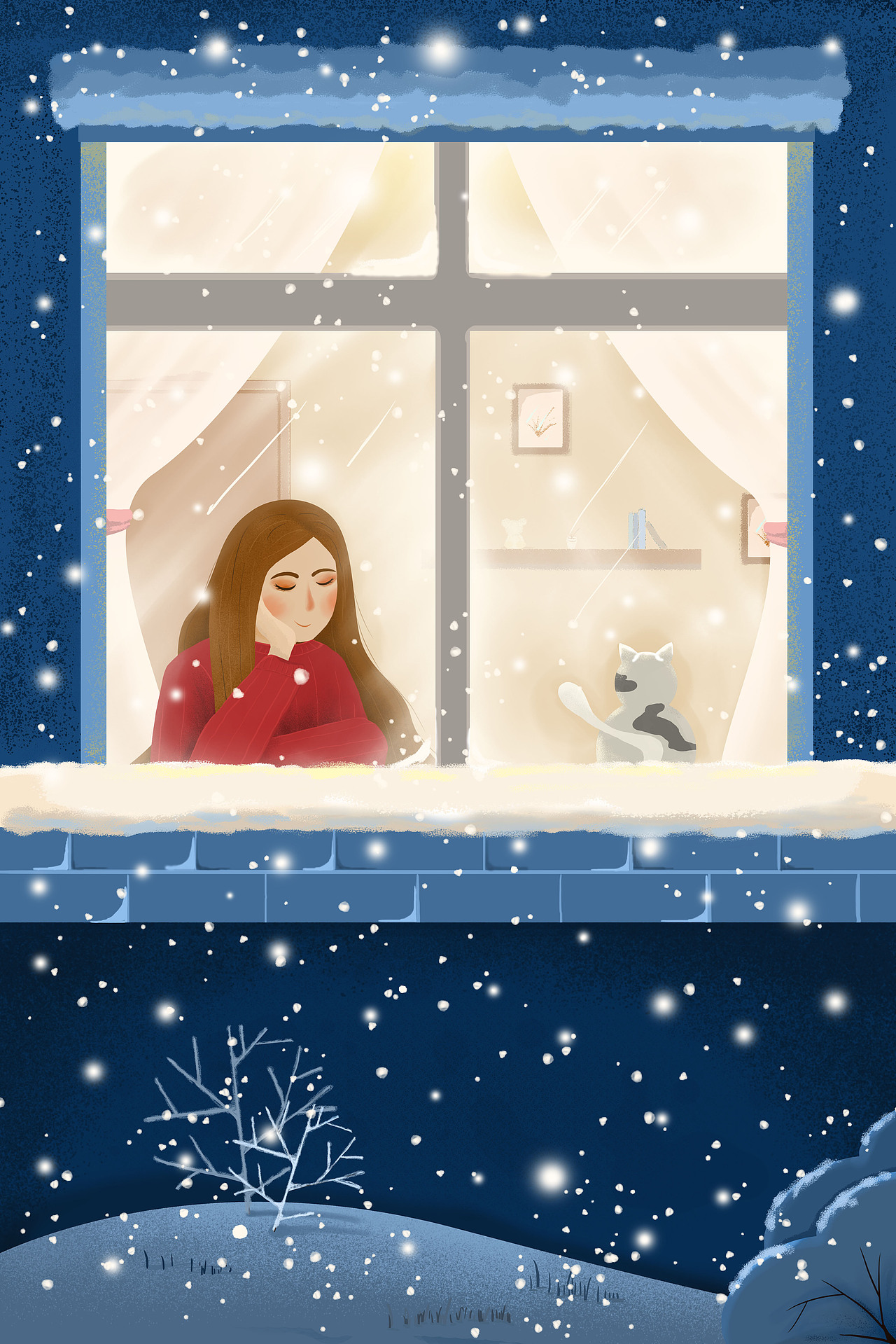 趴在窗边的女孩,和猫咪