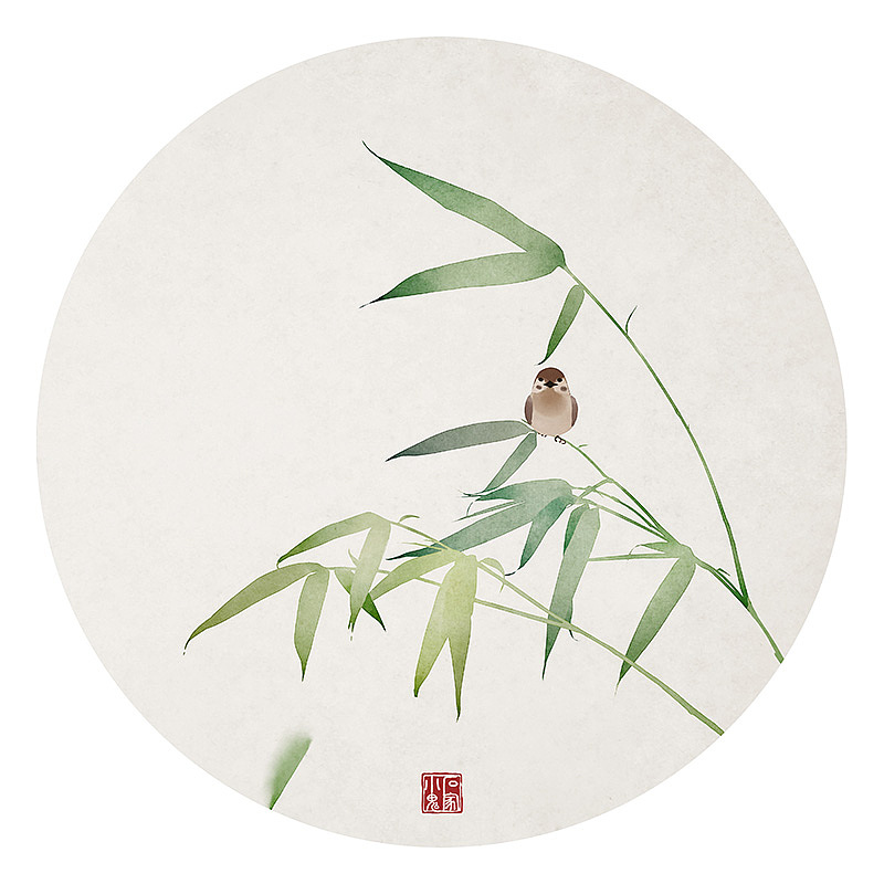 古风水彩插画竹子麻雀
