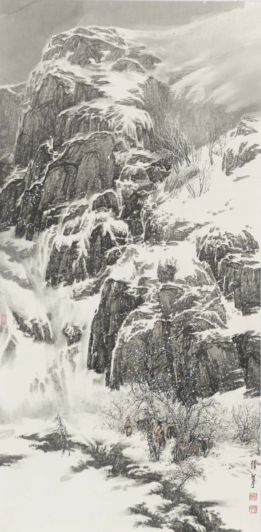黑白雪景国画图片