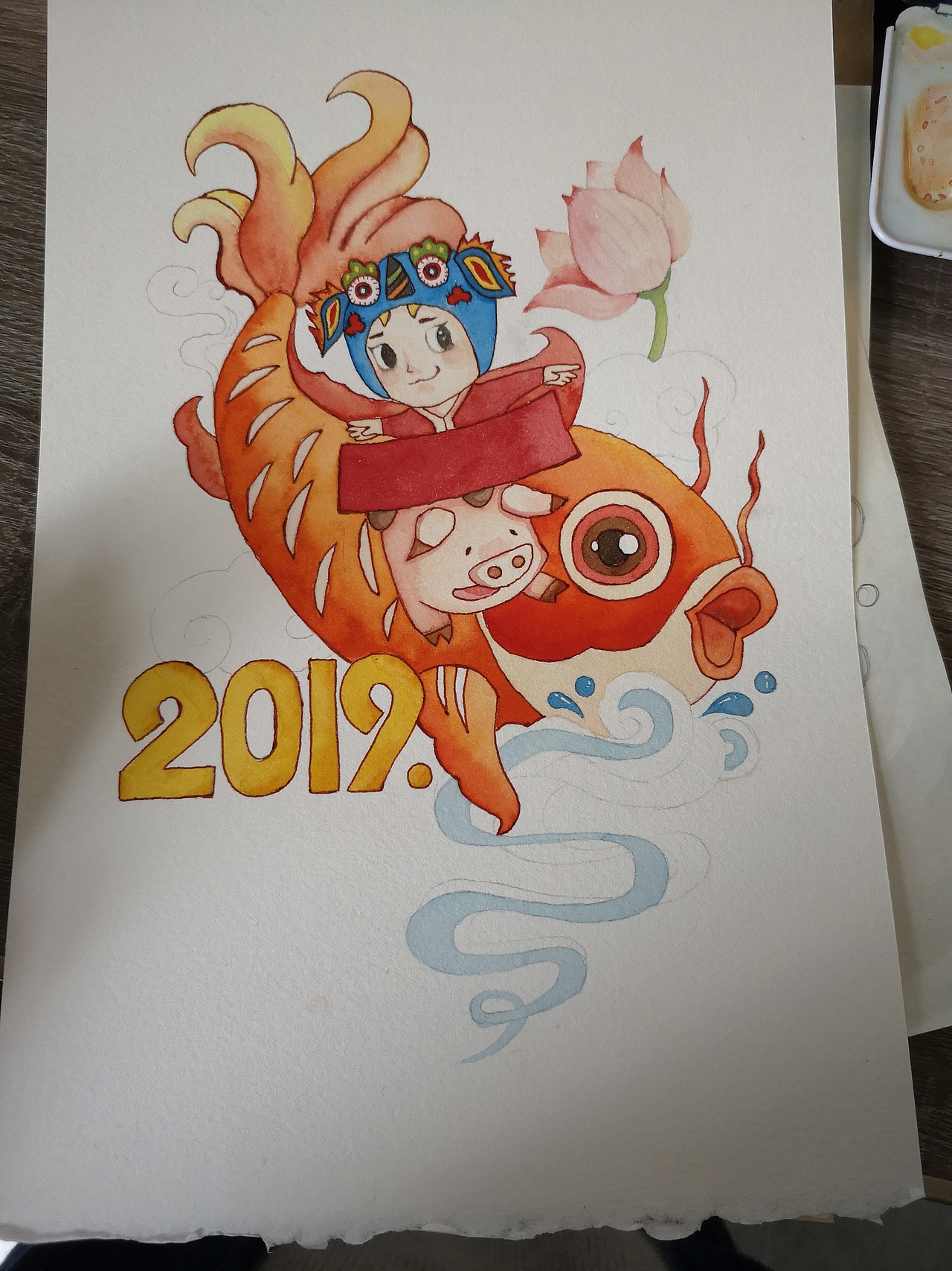 水彩连年有余娃娃2019新年快乐