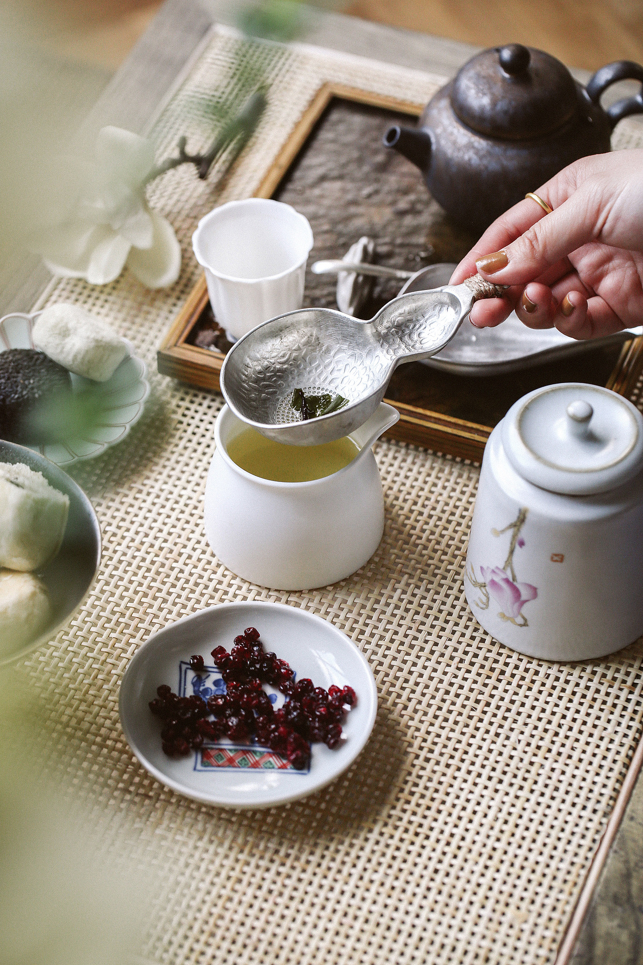 999纯银紫竹茶针银茶勺 茶壶 干泡盘