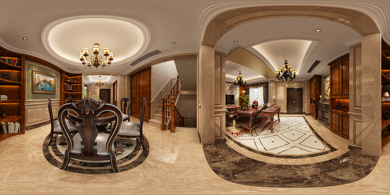 欧式别墅客餐厅厨房效果图