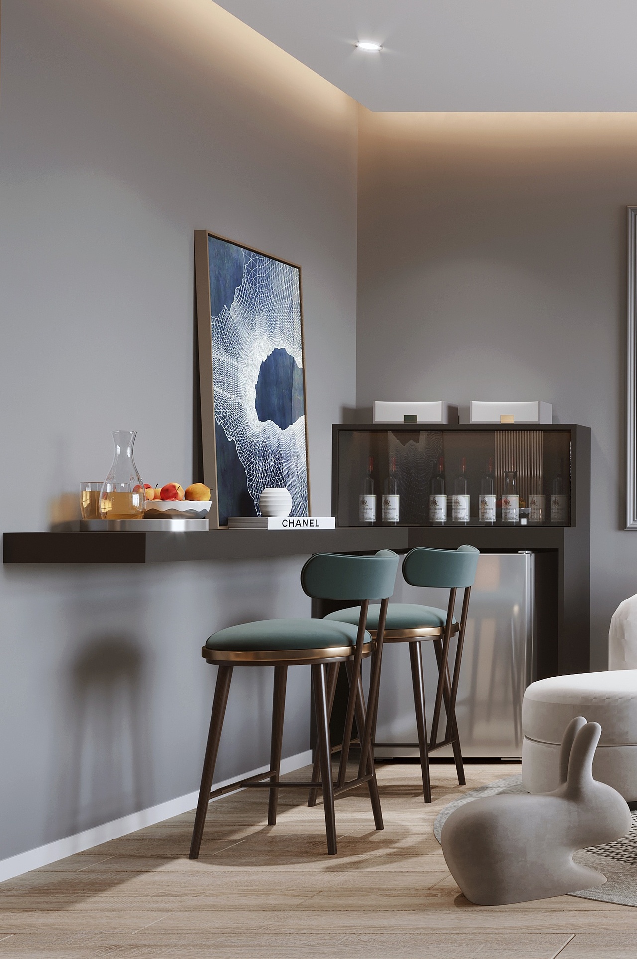 ◤客厅靠墙一侧,贴心的为男女主人准备了吧台与酒柜,这里吧台与酒柜