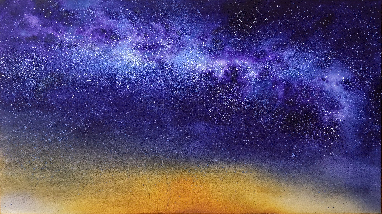 水彩风景丨最美星空下丨附全过程图（图ZMjcwMzU0MTI0） - 绘画 - 站酷设计师明小花原创素材 - 站酷ZCOOL
