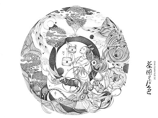 茶圆月色包装插画设计