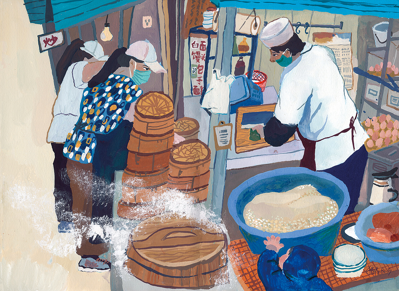 画一幅热气腾腾的包子摊,记得以前在济南生活的时候经常会去吃一家