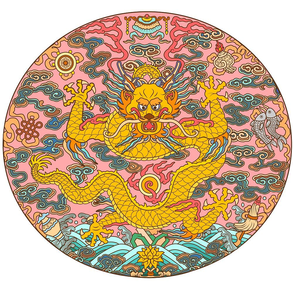 国风潮流插画素材——清代风格团龙