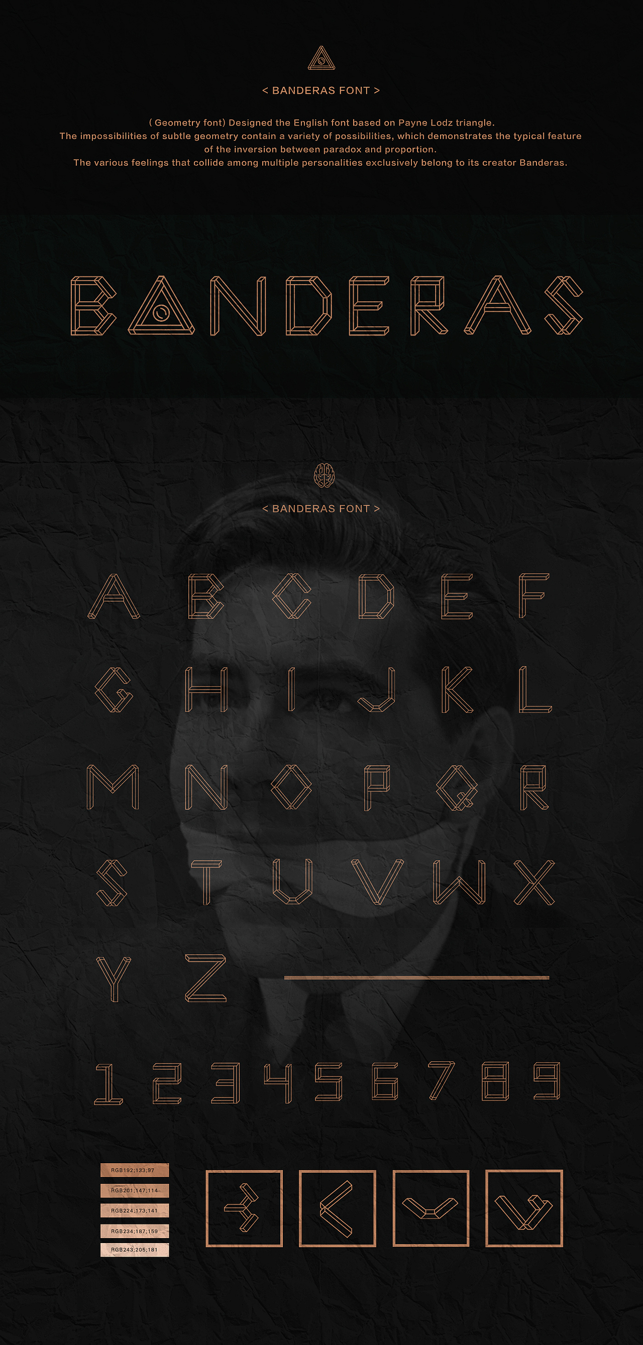 Font design / 字體設計
< 班德斯幾何字體 >以(Payne Lodz triangle)培恩洛茲三角形圖形為基礎而設計的英文字體。<br>微妙;幾何;多可能性;悖理與比例逆反的典型體現 。<br>與多重人格碰撞出不一樣的感覺,是主人公班德斯專屬字體。<br><br>Designed the English font based on Payne Lodz triangle.The impossibilities of subtle geometry contain a variety of possibilities, which demonstrates the typical feature of the inversion between paradox and proportion. The various feelings that collide among multiple personalities exclusively belong to its creator Banderas.