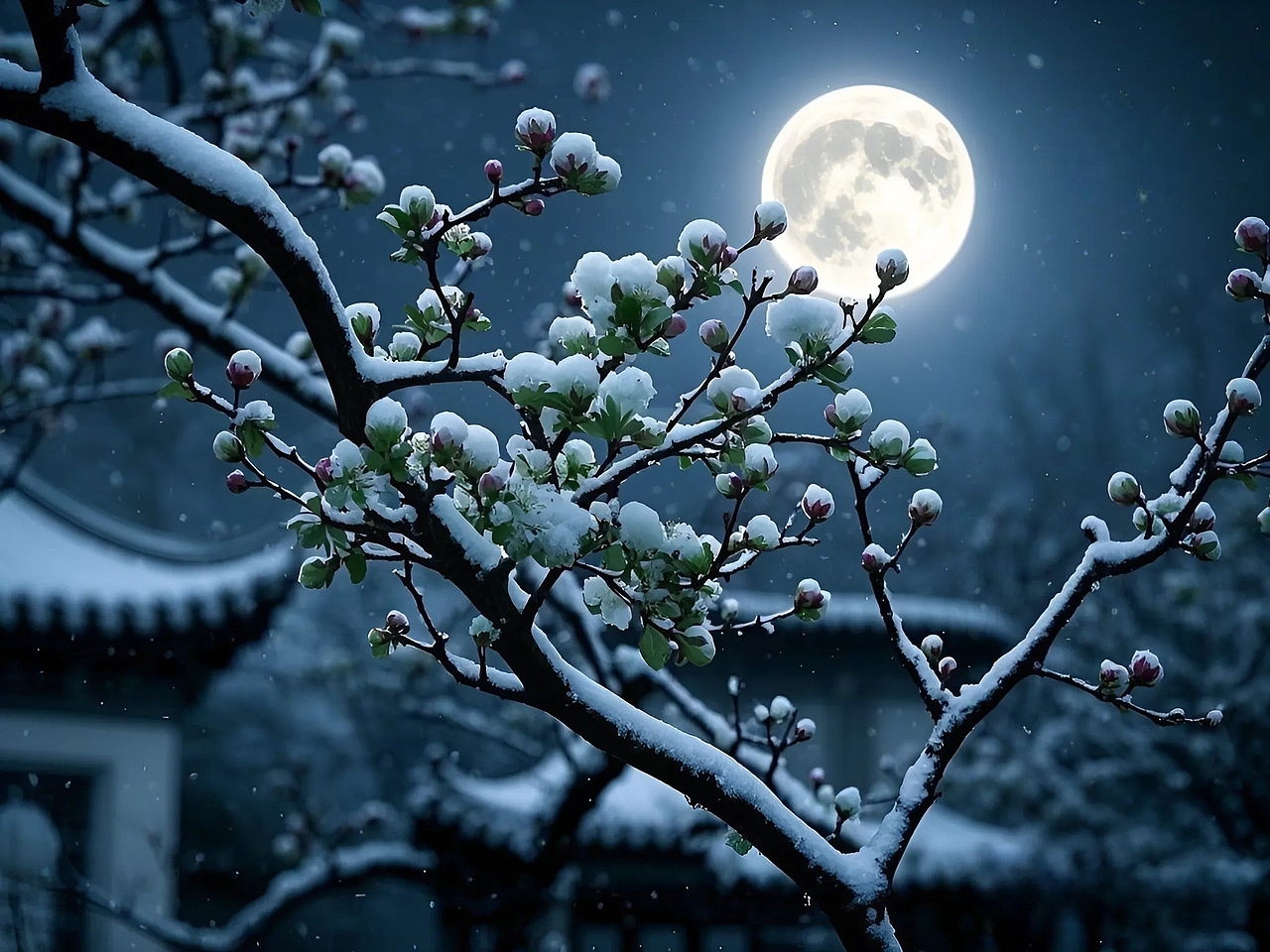 《雪映苏园海棠梦,清夜幽姿韵无穷》