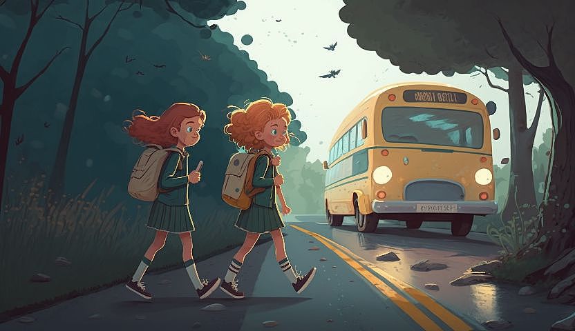 放学路上  儿童插画