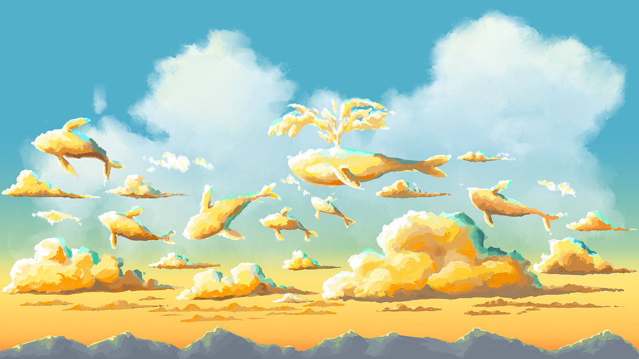 动态插画鲸鱼天空云