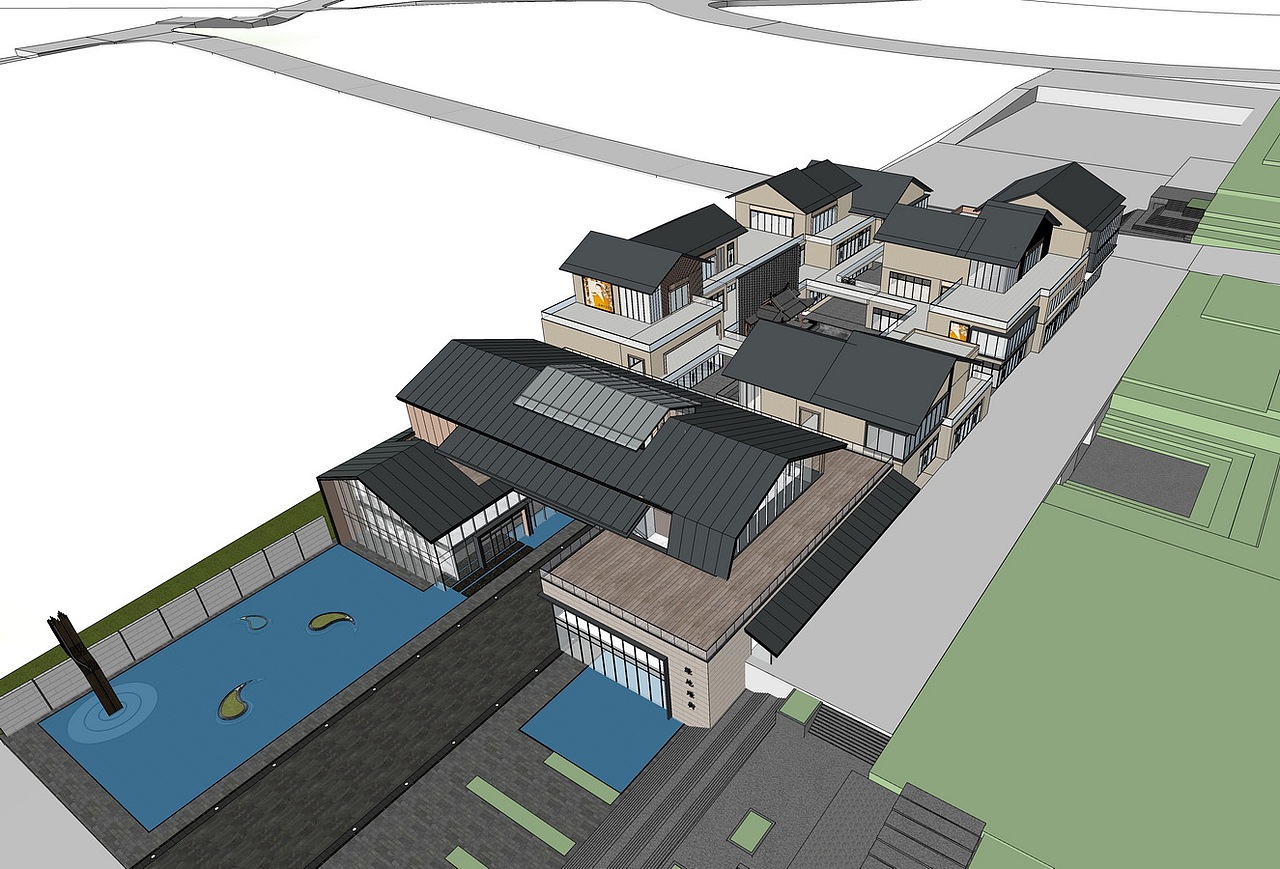 绿地璟街现代中式商业街SU模型下载