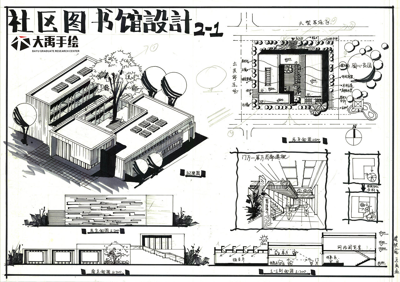 大禹精品建筑【社区图书馆设计】快题方案