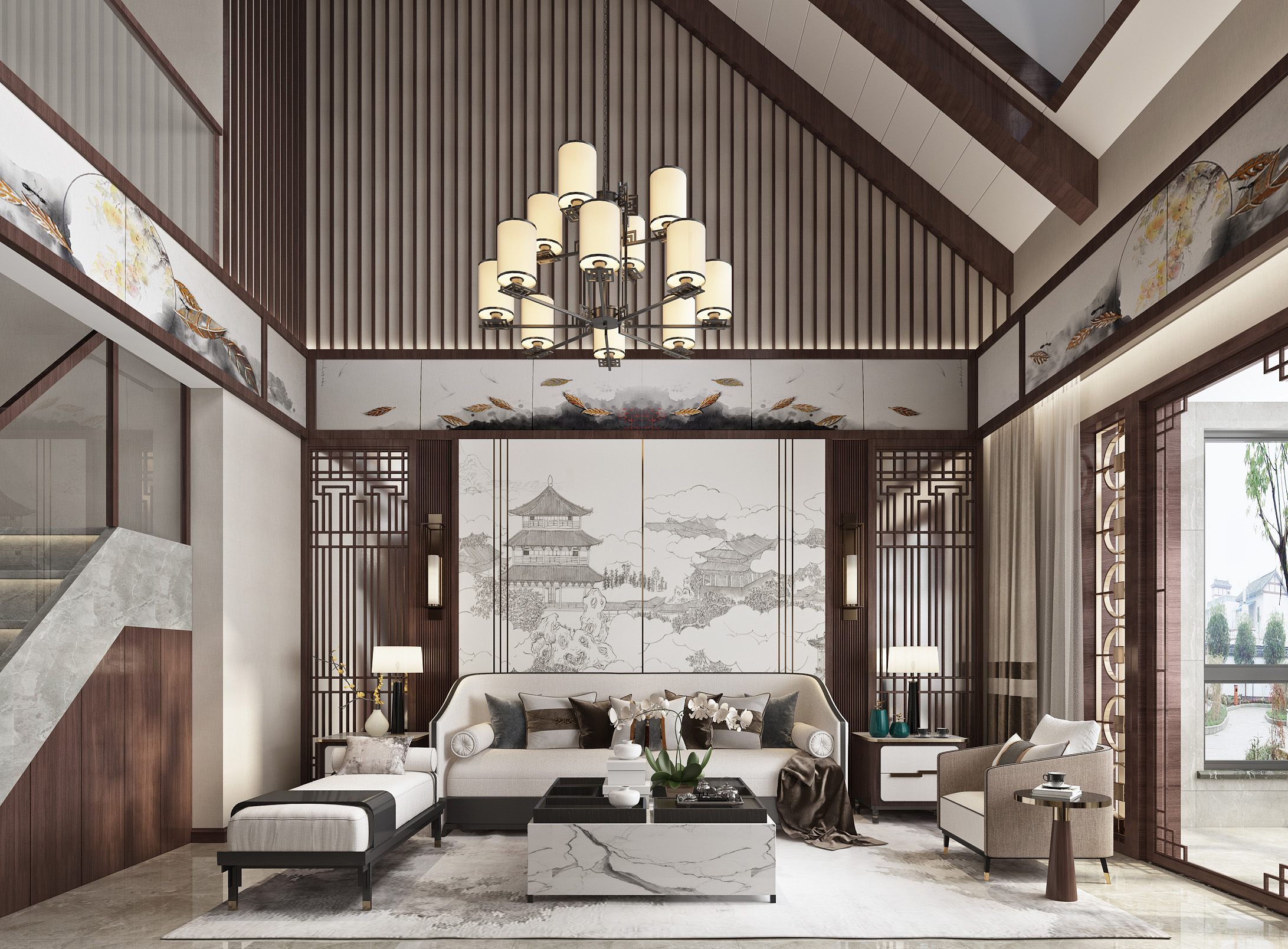 新中式挑空客餐厅|空间|家装设计|张美丽效果图 - 原创作品 - 站酷