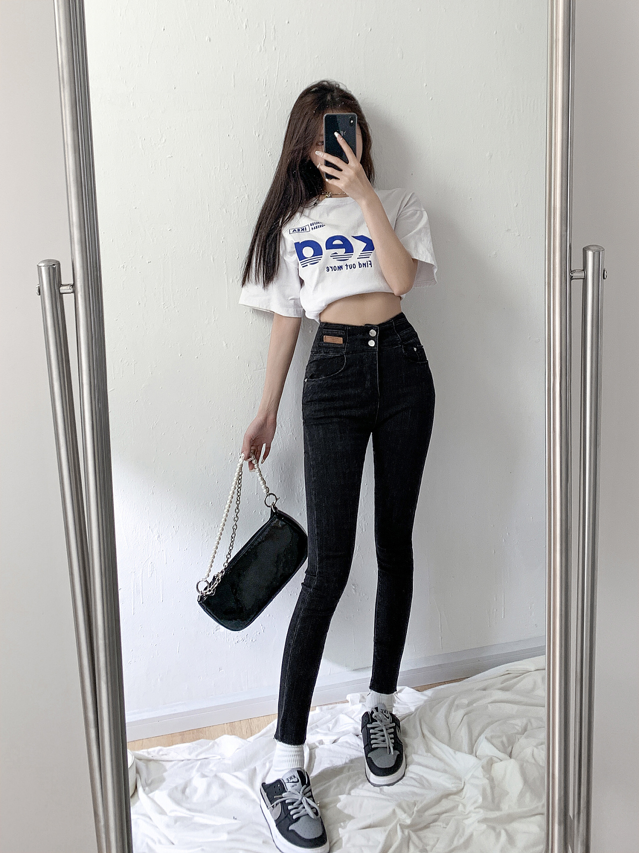 张小南风裤子牛仔裤打底裤运动裤网红店主风对镜自拍摄