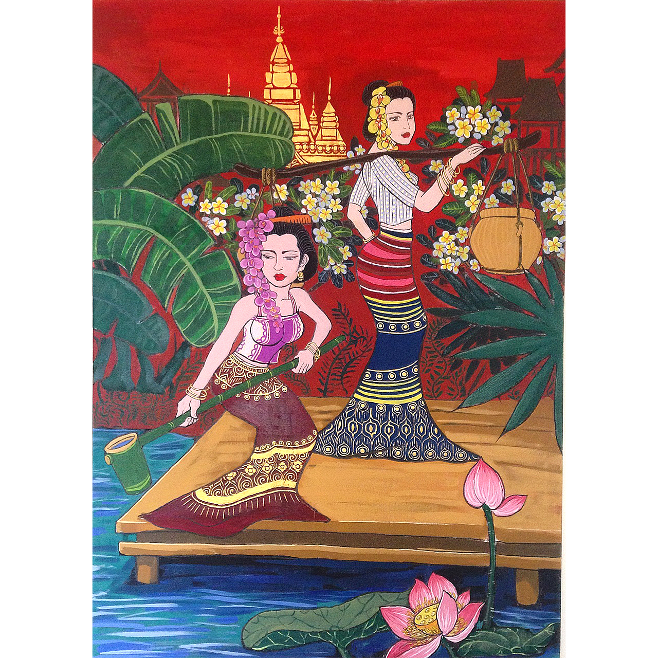 已西双版纳傣族题材创作画作取水欢庆