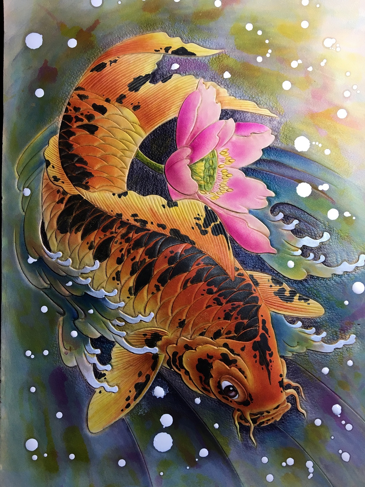 皮雕画—-斑纹锦鲤