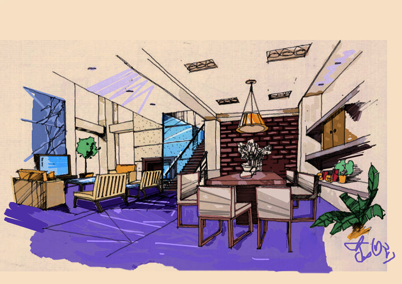 室内设计手绘效果图 客厅 卧室 建筑 餐厅手绘效果图