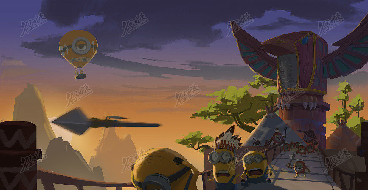 夕阳时分小黄人和原始部落|同人|原始部落|小黄人-场景原画作品图片