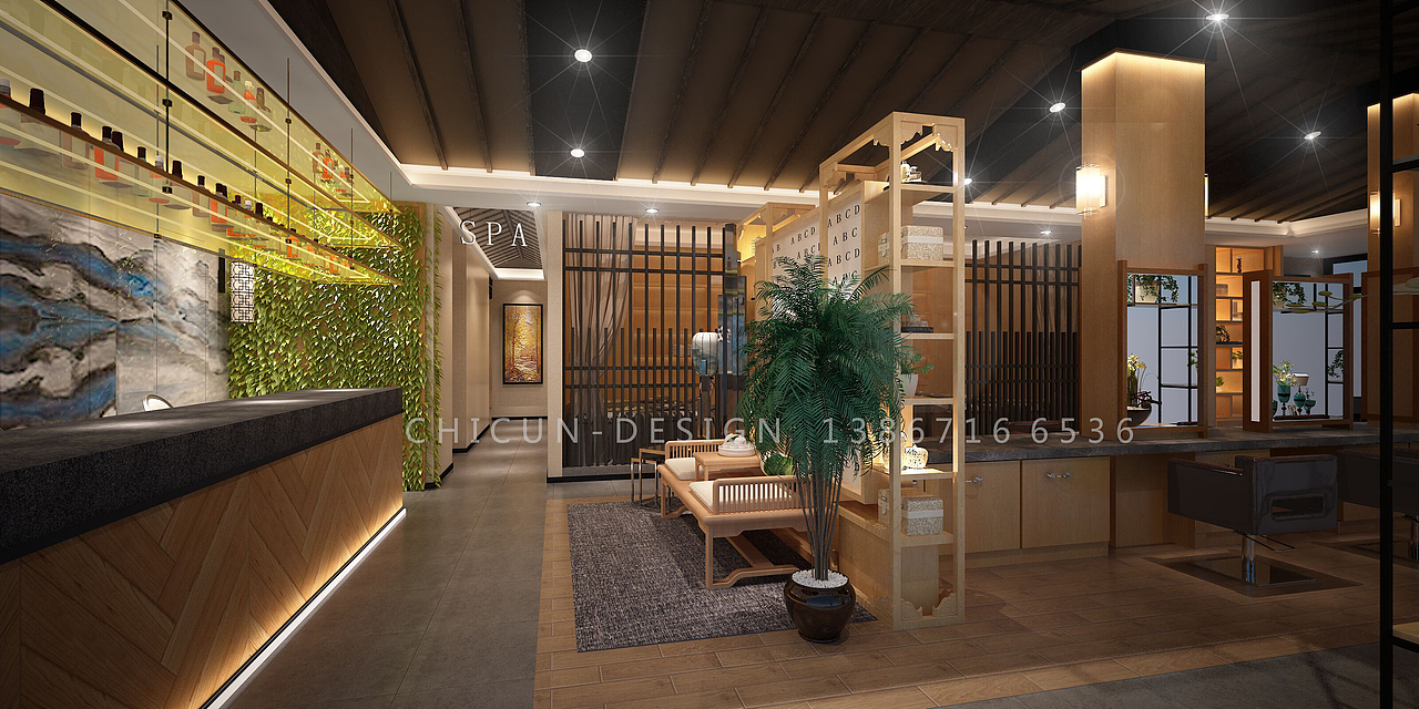 尺寸设计|安森新中式理发店空间设计 发廊设计效果图