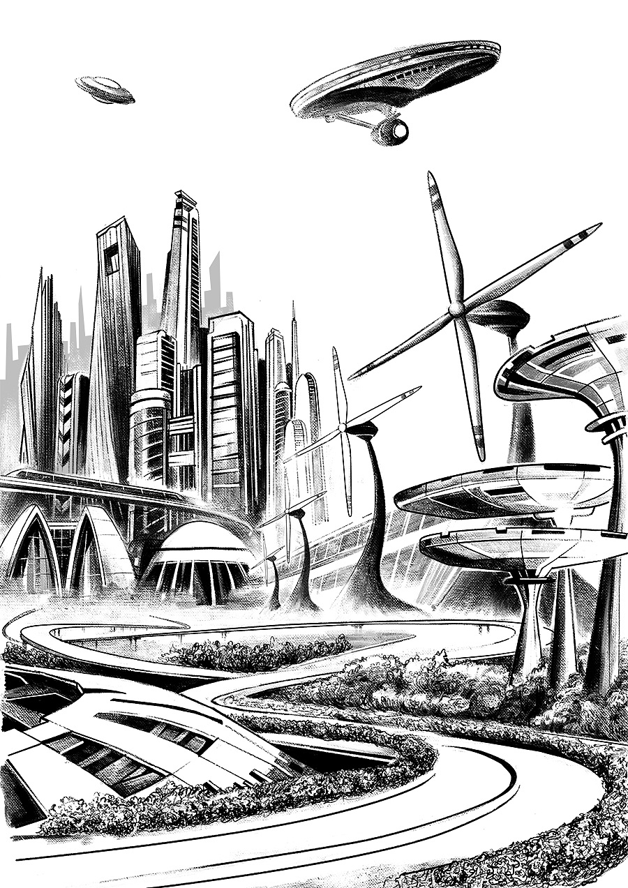 未来城市手绘简单图片