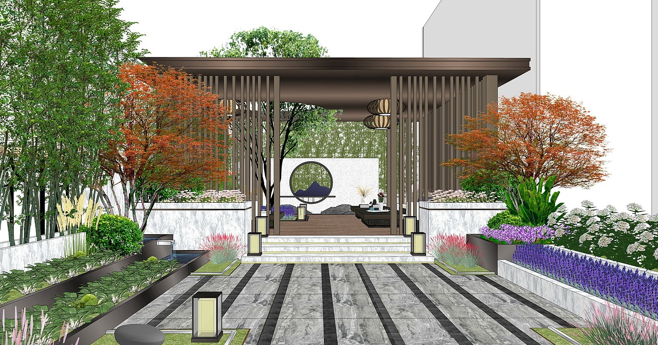 新中式庭院景观SU模型下载