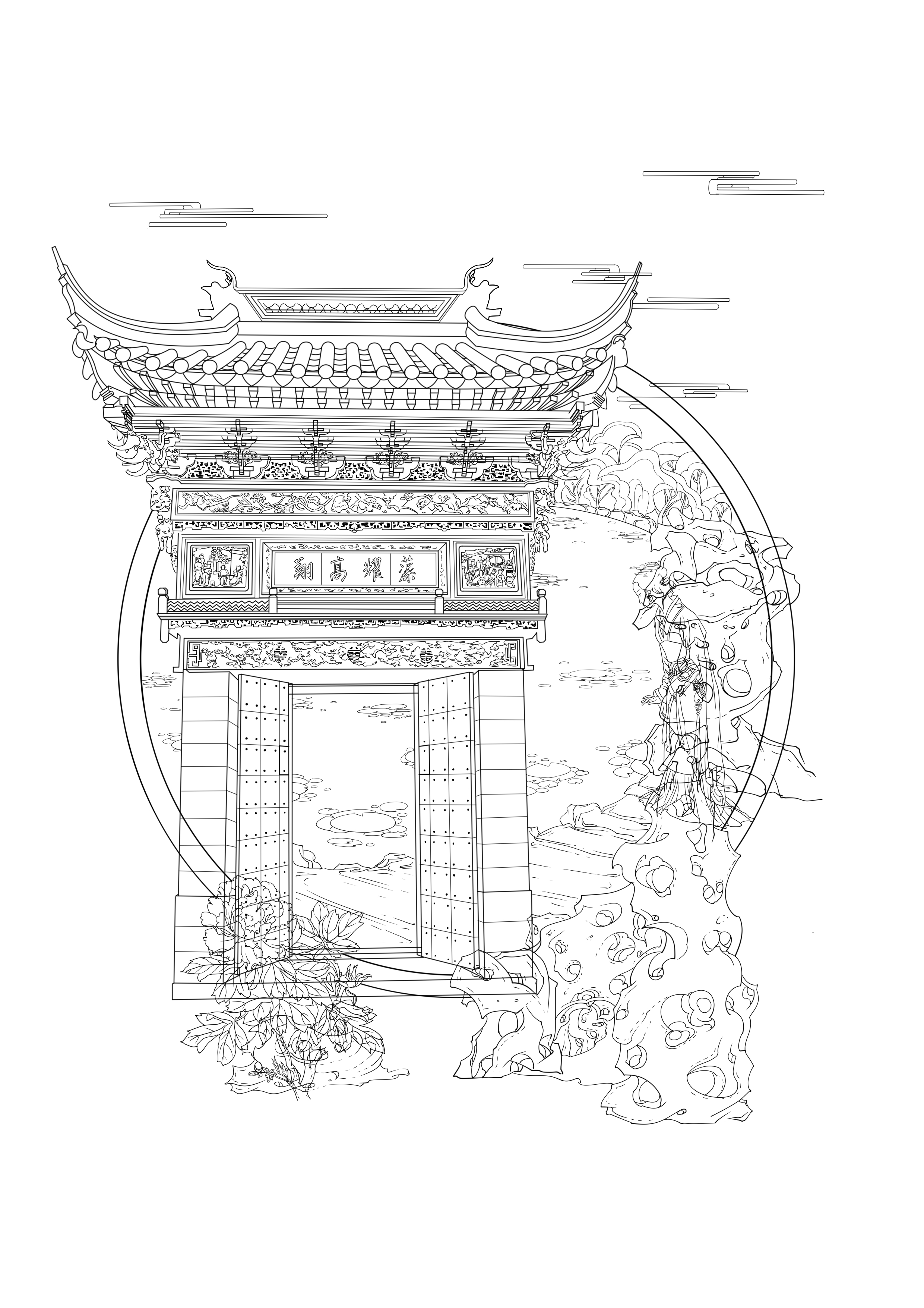 苏州园林手绘 线稿图片