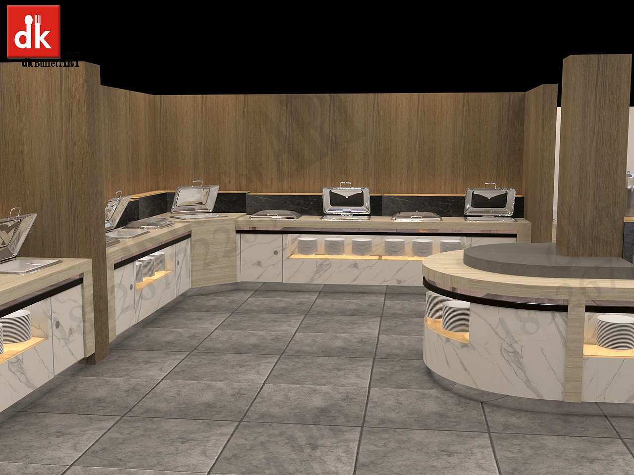 dk品牌自助餐台设计效果图 酒店双层布菲台 酒店早餐台