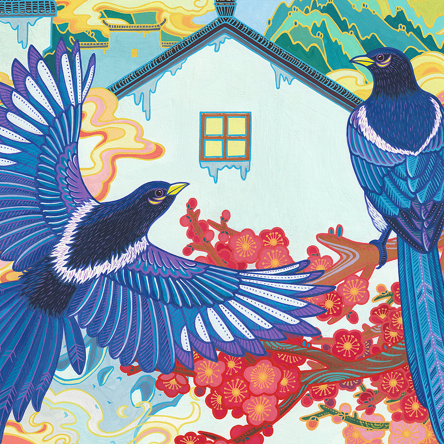 《报喜图》喜鹊水粉装饰画