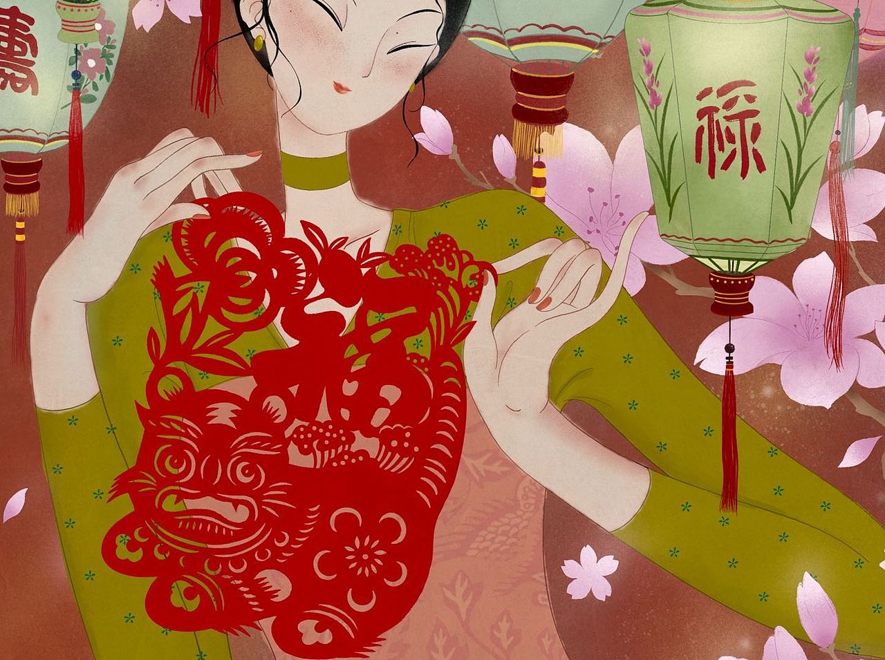 2022虎年新春原创国风插画《福虎迎春》（图ZMjg2ODU1MTI0） - 艺术插画 - 站酷设计师半青姑娘原创素材 - 站酷ZCOOL