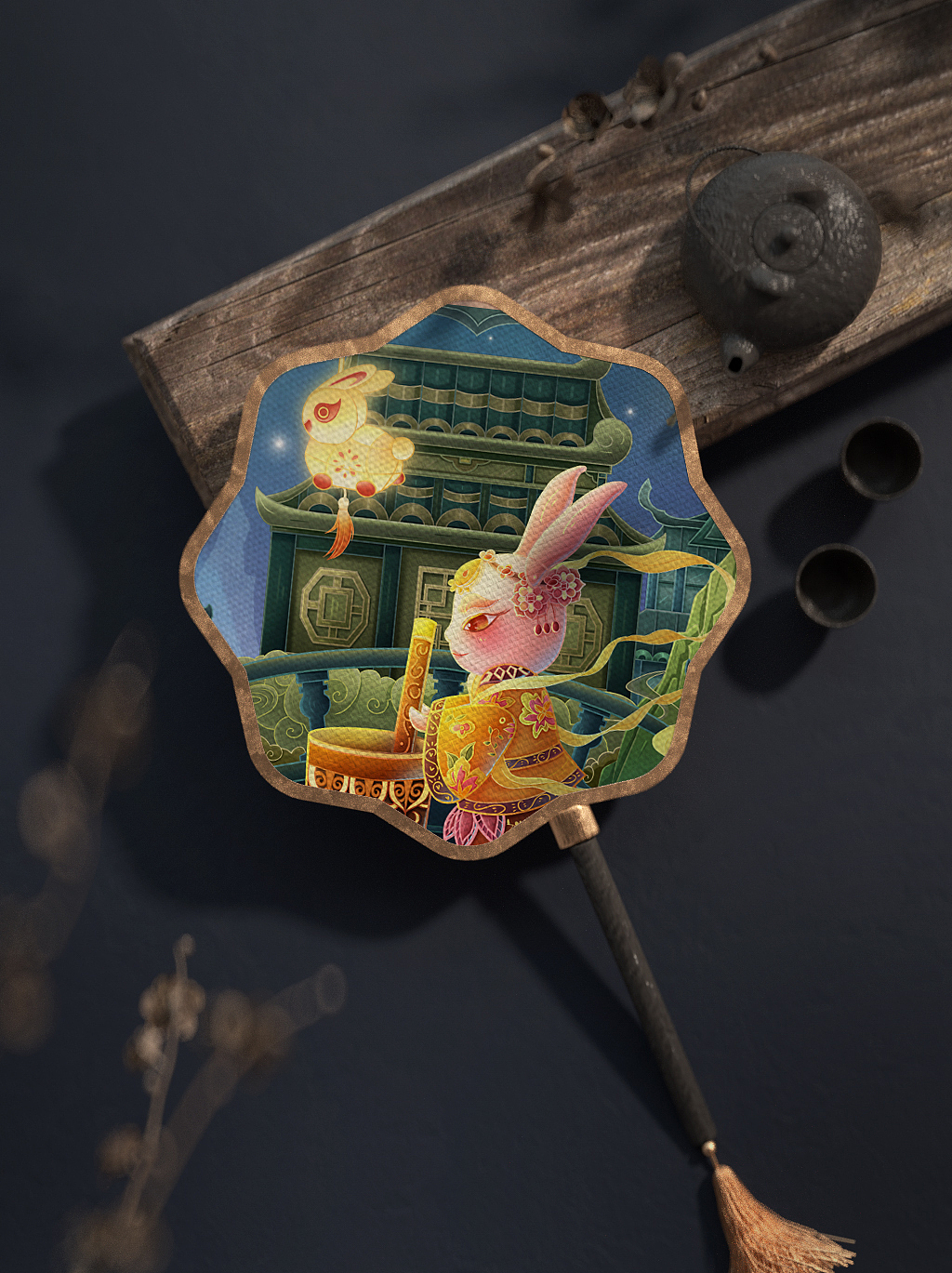 皮影国风插画——灯影兔戏