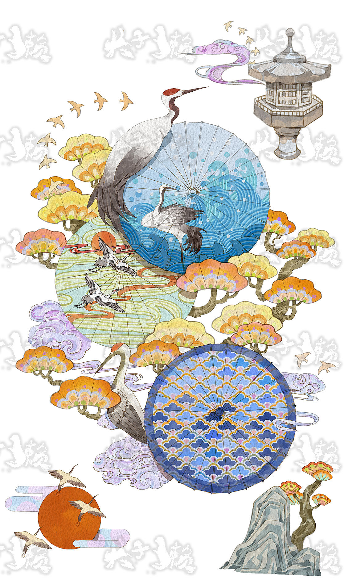 水彩和风元素伞（图ZMzI3NDUzOTMy） - 商业插画 - 站酷设计师犬子獭原创素材 - 站酷ZCOOL