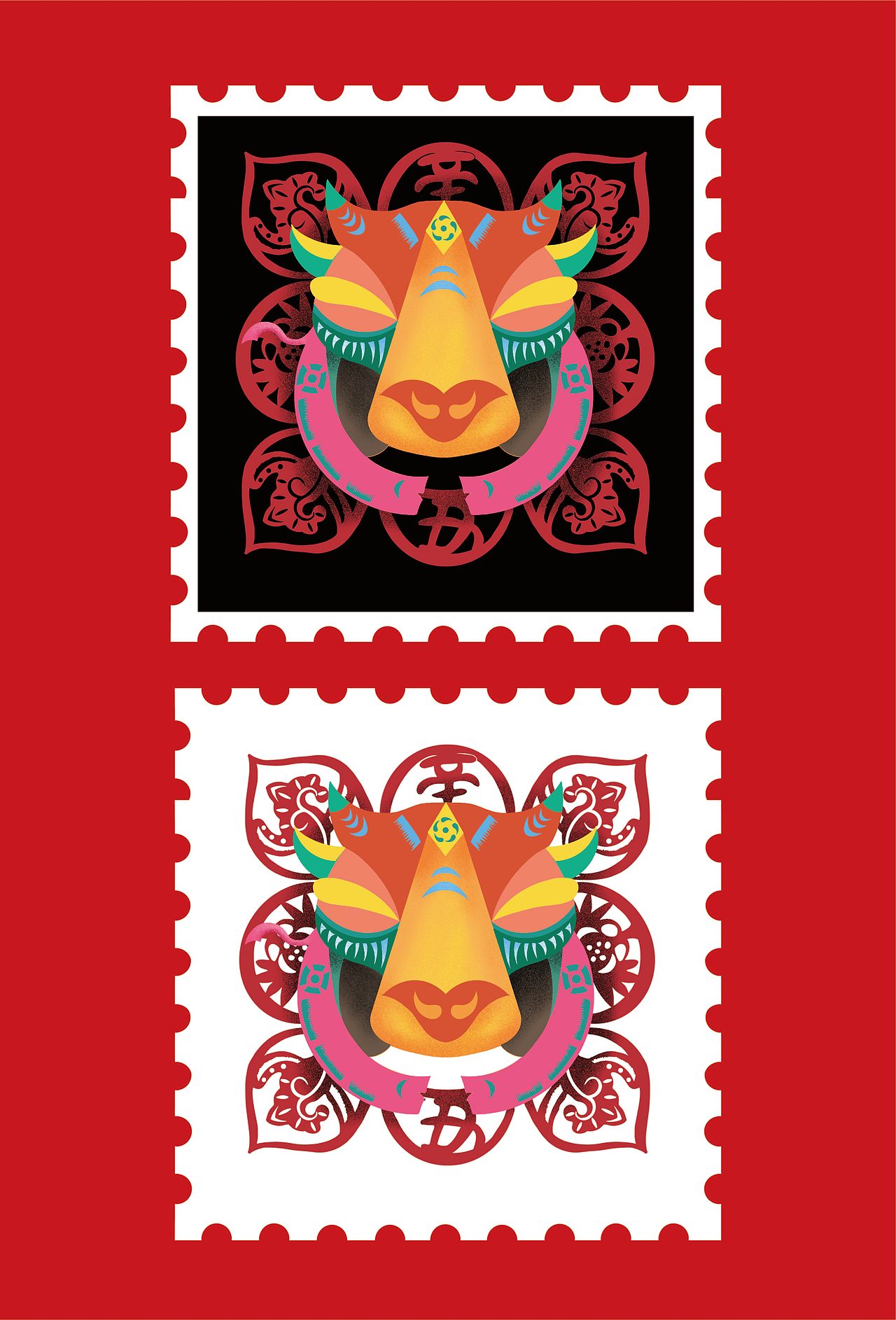 《牛氣東來(lái)》剪紙郵票（圖ZMjQxMDYwODUy） - 宣傳物料 - 站酷設(shè)計(jì)師許仙的許O原創(chuàng)素材 - 站酷ZCOOL
