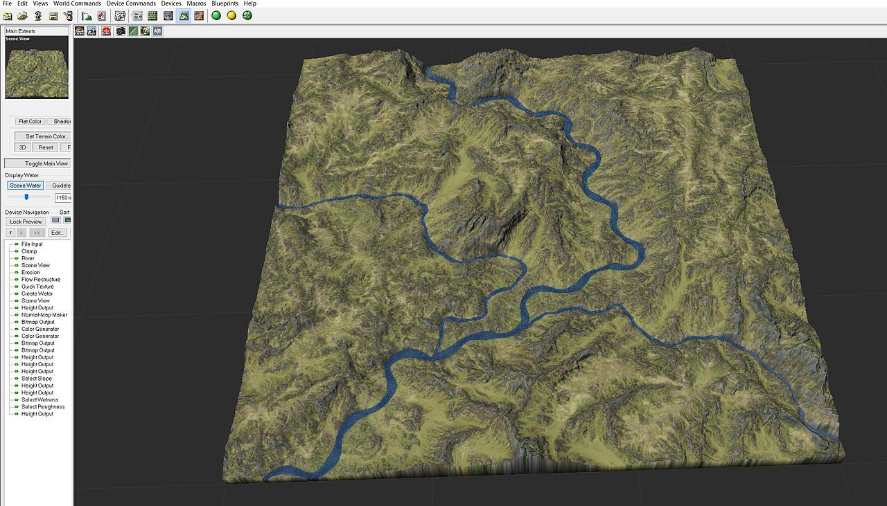 用gaea制作基础地形,导入worldmachine制作河流,加上侵蚀效果,导出