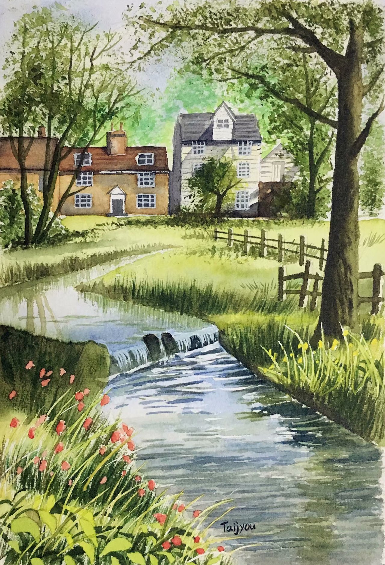 水彩磨坊小溪