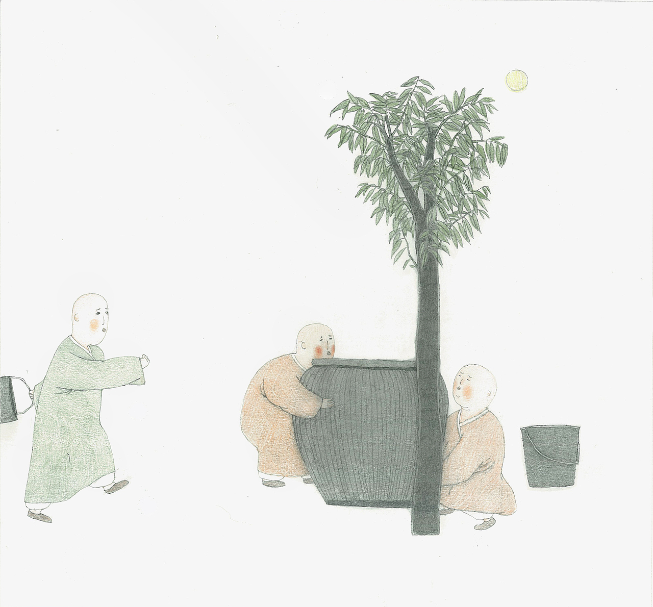 《三个和尚》江苏凤凰美术出版社（图ZNDkyMTE1NTY=） - 商业插画 - 站酷设计师梁灵惠原创素材 - 站酷ZCOOL