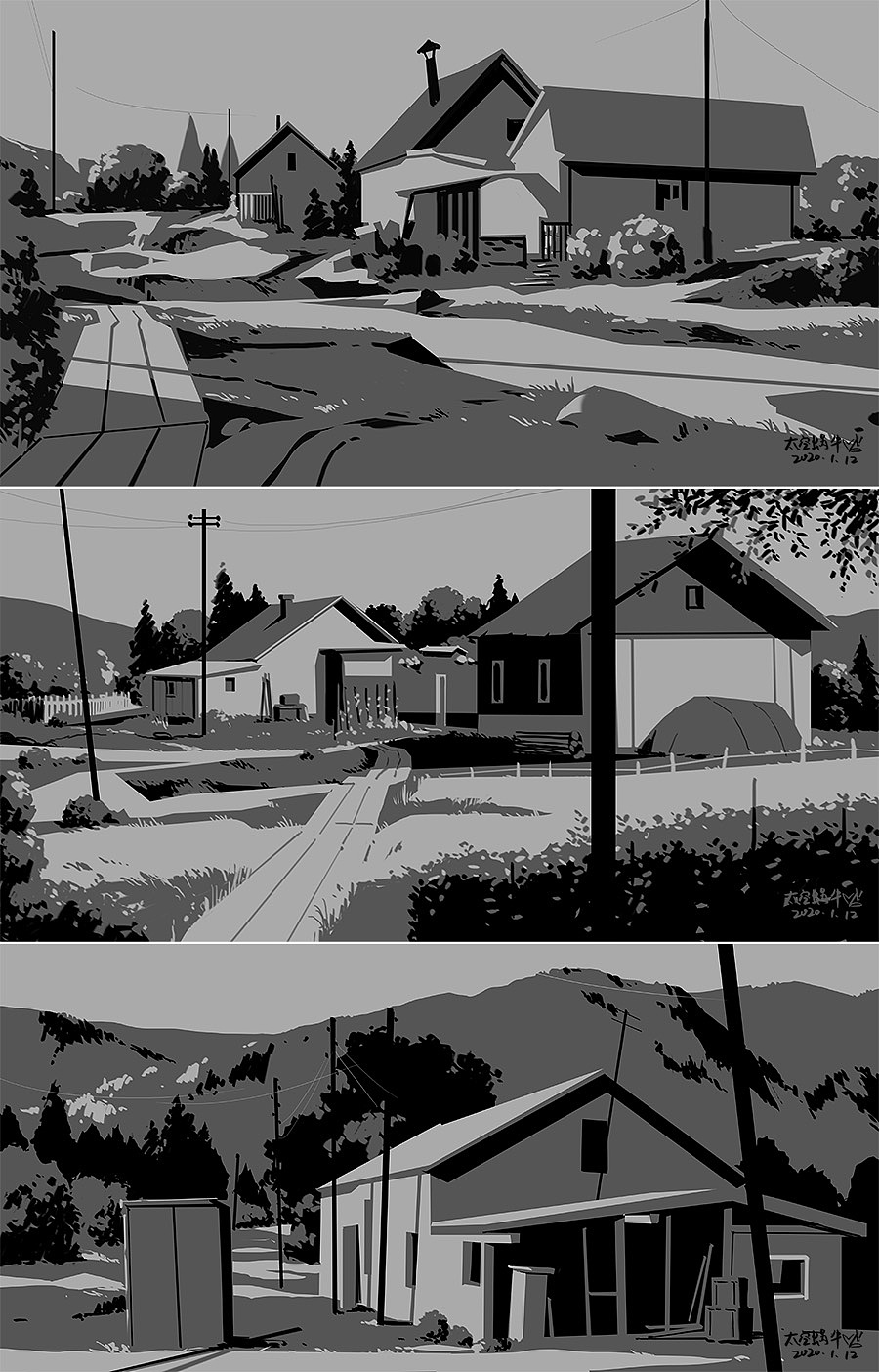 黑白灰场景|插画|创作习作|蜗牛与猫_原创作品-站酷zcool