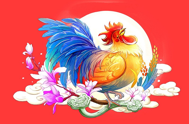 "金鸡报晓 旭日初升"