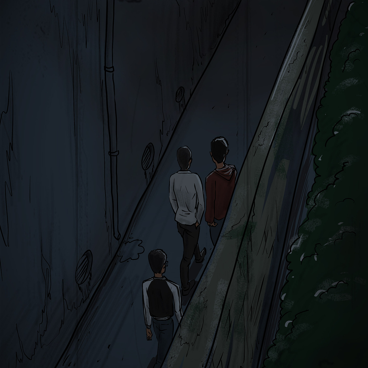 三人经常翻墙出来玩,这一次也是轻车熟路。墙的后面是一间废弃的车间,和学校的墙之间形成了一条很长的走廊,这一段需要五分钟的路程。