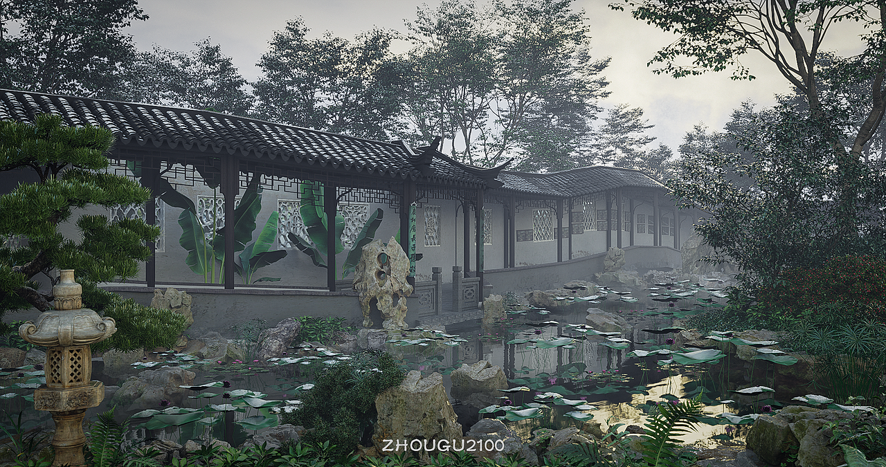 拙政园波形长廊渲染效果图