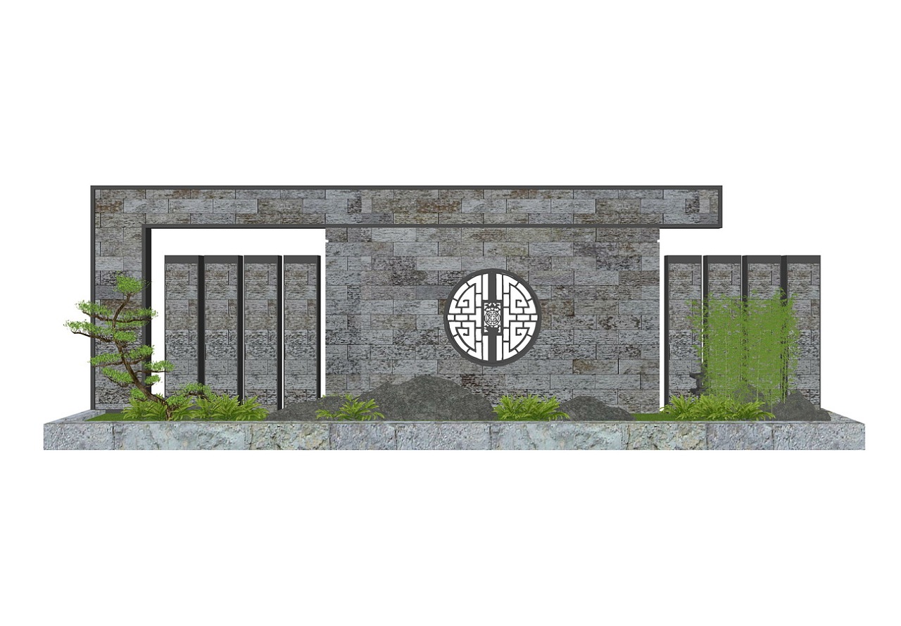 中式景墙su模型下载