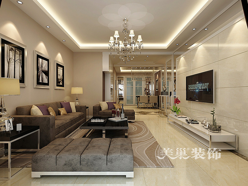 郑州山水生态城装修效果图三室两厅130平居室户型案例——电视背景墙